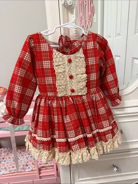 Girls' Red Plaid Lace-Trim Holiday Dress
